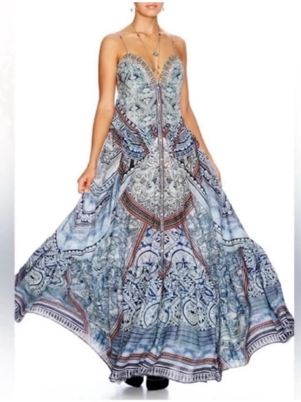 Camilla Tiered Shoestring Maxi Dress Blue Antique Batik - Picture 3 of 11